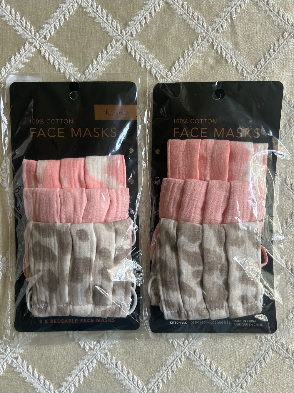 Kitsch Pink, Peach & Beige 100% Cotton Face Mask 3-Pack